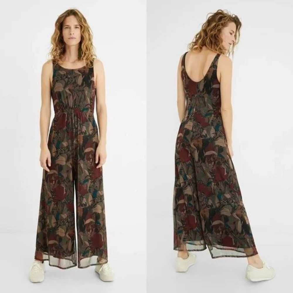 Desigual Safari Tropical Mesh Wide Leg Jumpsuit 21SWPK13 Brown Multi Womens L